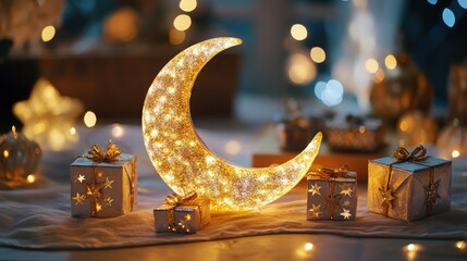 A magical Eid display of glowing crescent moon fairy lights arranged around tiny