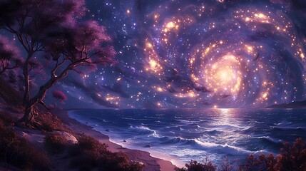 Naklejka premium Serene coastal scene under a vibrant galaxy, showcasing waves lapping at the shore at dusk