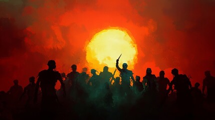 Fototapeta premium Futuristic soldiers engage in combat with a horde of zombie cyborgs, depicted in a fantasy concept illustration