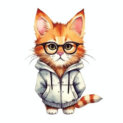 watercolors Cute cool cat wearing glasses illustration