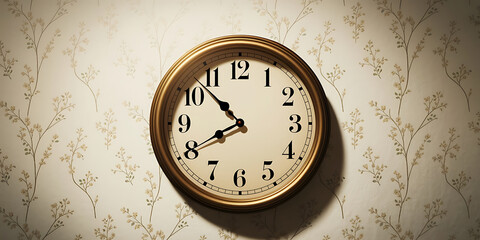 Vintage wall clock on floral wallpaper