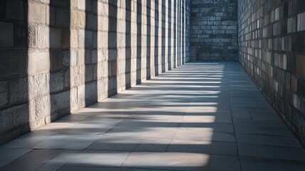 Columns of an empty concrete walkway bathed in sunlight, casting striking shadow lines on the stone wall.