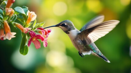 Fototapeta premium A small hummingbird feeds on a flower with open wings in flight