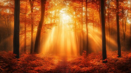 Obraz premium Sunbeams through autumn trees on forest path with fallen leaves background