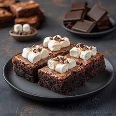 Marshmallow brownies dessert plate chocolate background food photography