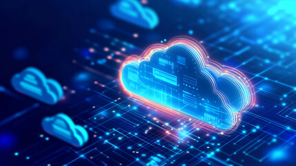 An AI-driven cloud computing concept illustrating secure file sharing, automated backups, and data encryption. The glowing digital interface represents advanced cybersecurity measu
