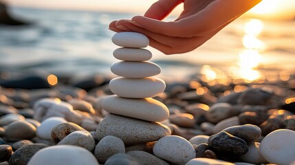 A gentle hand stacks white stones, symbolizing the harmony of body, mind, soul, and spirit in the art of living well.