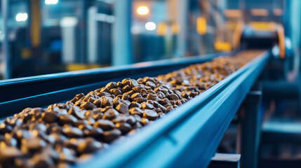 Fototapeta premium A close-up view of a conveyor belt transporting raw mined materials in an industrial facility. The image represents the mining industry, resource extraction, and the logistics of m