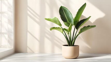 Indoor plant in a beige pot, sunlight