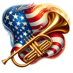 Patriotic Melody Golden Trumpet and American Flag Tribute isolated on transparent background