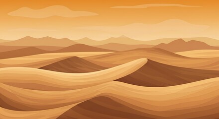 Sand Dunes Landscape Illustration with Distant Mountains and Orange Sky
