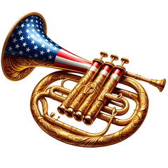 Patriotic Melody Golden Trumpet and American Flag Tribute isolated on transparent background