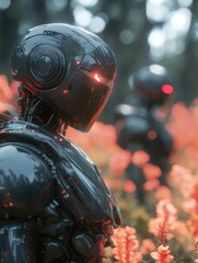 Fototapeta premium A robot standing amidst a vibrant field of colorful flowers