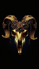 A dark and ominous golden goat skull with luxurious jewels adorning it, set against a black background. for halloween theme 