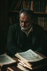 A person sitting at a table with a book, ideal for educational or literary-themed projects