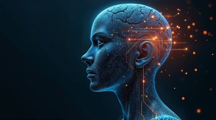 A striking half-human, half-AI face transitioning into a glowing network of circuits, representing the fusion of artificial intelligence, data, and futuristic technology.