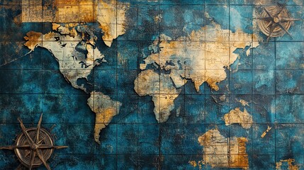 Fototapeta premium Old blue map collage background, evoking sea voyages, discoveries, pirates, sailors, geography, and history—a perfect nautical and travel-themed design.