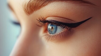 Obraz premium Close-up shot of permanent eye makeup being applied, with a cosmetologist performing an eyeliner tattooing procedure.