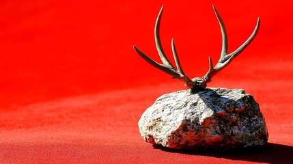 Deer antlers displayed on a rock with vibrant red background studio shot