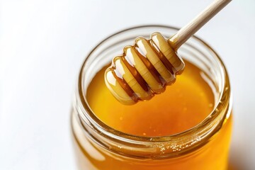 A traditional honey jar with a wooden stick inserted for easy removal, ideal for rustic or natural themed designs