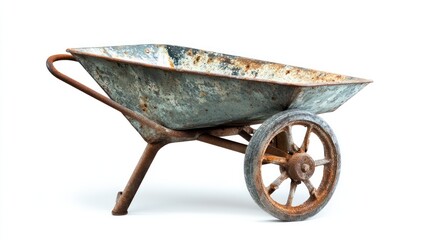 Rusty wheelbarrow, isolated, weathered, metal, garden,  white background, construction, agriculture, tool