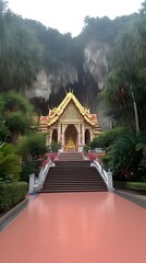 Naklejka premium Golden Temple Steps for Cave Shrine, Lush Landscape.