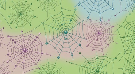 Detailed Spiderweb Illustration with Dew Drops on a Gradient Background