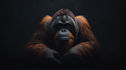 Orangutan portrait, dark studio, smoky background, conservation