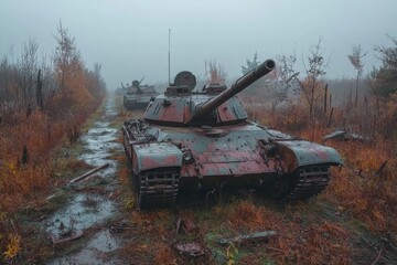 Forgotten tanks in misty forest landscape during overcast afternoon