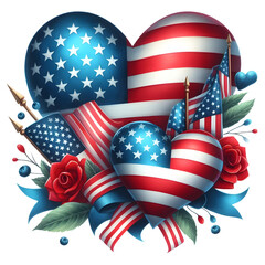 Memorial Day watercolor hearts with an American flag in red and blue, isolated on transparent background