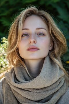 A woman wearing a scarf wrapped around her neck in a mysterious scene