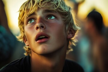 A close-up shot of someone gazing upwards, possibly contemplating or searching for something