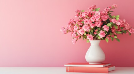 Fototapeta premium Pink roses vase, books, pink wall, interior design, home decor