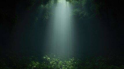 Sunlight piercing a dark, lush underwater cave