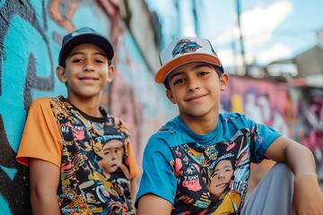 Two boys wearing colorful t shirts and caps posing in front of graffiti wall