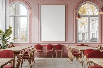 Pink Restaurant Interior Mockup; Empty Frame, Tables, Chairs