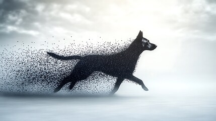Dissolving dog running on snowy landscape.