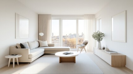 Modern, minimalist living room with city views.  A bright and airy space featuring a light beige sectional sofa, coffee table, and accent chairs.  