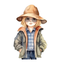 Fototapeta premium watercolors Cute cool kid wearing jacket and hat