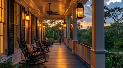 Spacious veranda with rocking chairs, overhead lanterns, and soft twilight tones