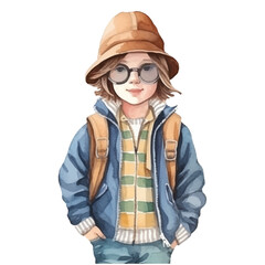 watercolors Cute cool kid wearing jacket and hat