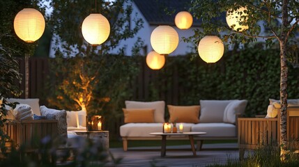 Backyard seating with glowing paper lanterns and warm tones from the fading sun