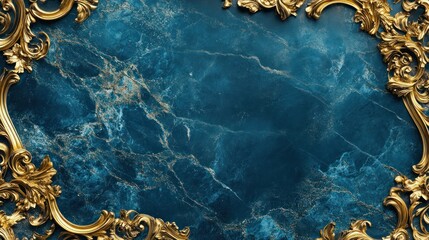 Gold ornate frame on blue marble background; elegant design, invitation template