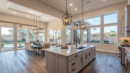 Fototapeta premium Open kitchen-dining area with pendant lights over the island and bright daylight from tall windows