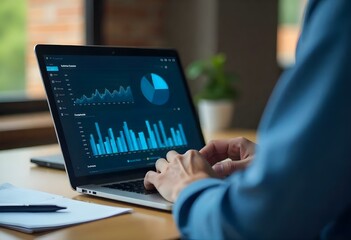 Businessman using laptop computer analyzing sales data and financial growth graph chart report. Business planning, strategy and development. Financial accounting. market research, data analysis