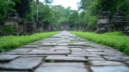 Ancient paved path through lush green forest.  Stone walkway,  leading into dense jungle.  Ruins and historical architecture in the background.  Tranquil atmosphere