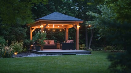 Backyard cabana surrounded by garden lamps and warm twilight glow creating a relaxing vibe