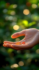 Tiny fish held in hand, outdoor garden