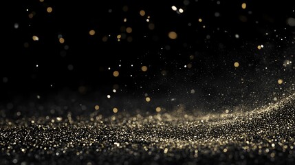 Golden glitter particles floating on black background.