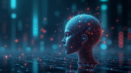 A futuristic AI-generated human head composed of glowing digital particles and circuits, symbolizing artificial intelligence, neural networks, and human-AI integration.